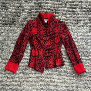 100% Silk Asian Traditional Chic Asymmetric Design Red Women's Blazer Size XS
